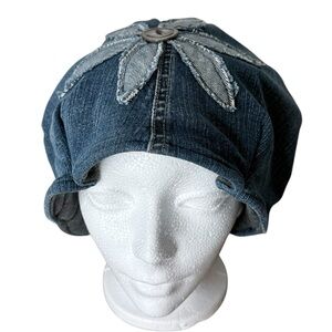 Upcycled Reversible Denim Hat Beanie Toque TNA Flower Appliqué One Of A Kind